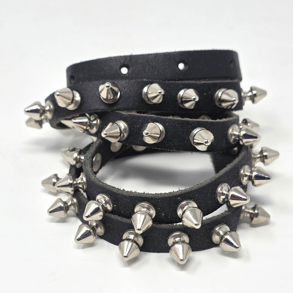 Unisex Black Leather Spike Stud Belt 38 Punk Goth Rock Silver Vtg Ultra Narrow